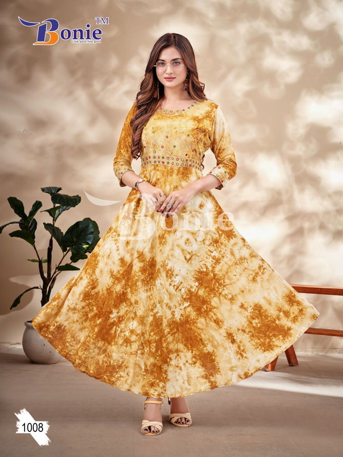 Bonie Tie Die Rayon Anarkali Designer Kurtis Catalog
